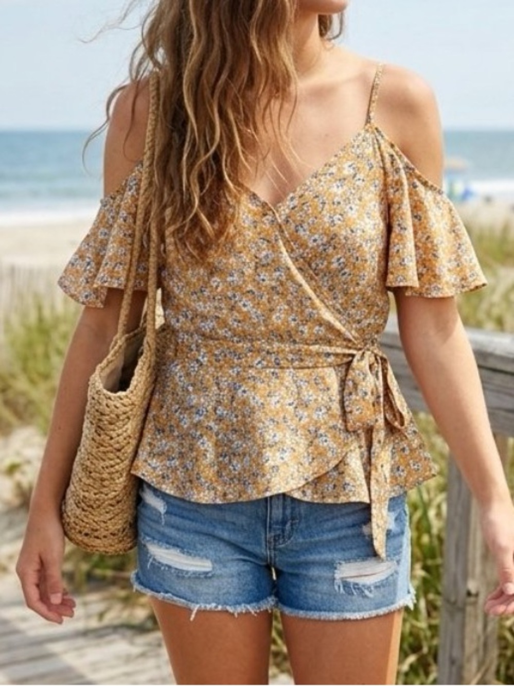 Cold-Shoulder boho western faux wrap blouse